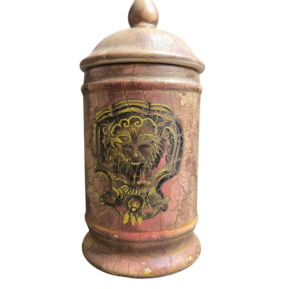 Vintage Crackle Glaze Canister Jar with Lid Green Man Face Motif Pottery 9.5"